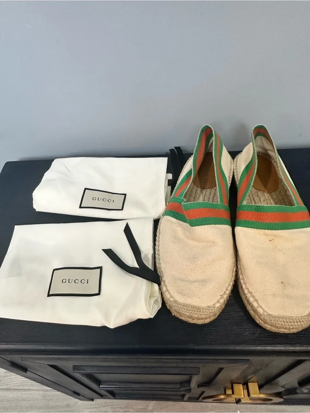 Gucci Beige Canvas Espadrilles with Green and Orange Stripes